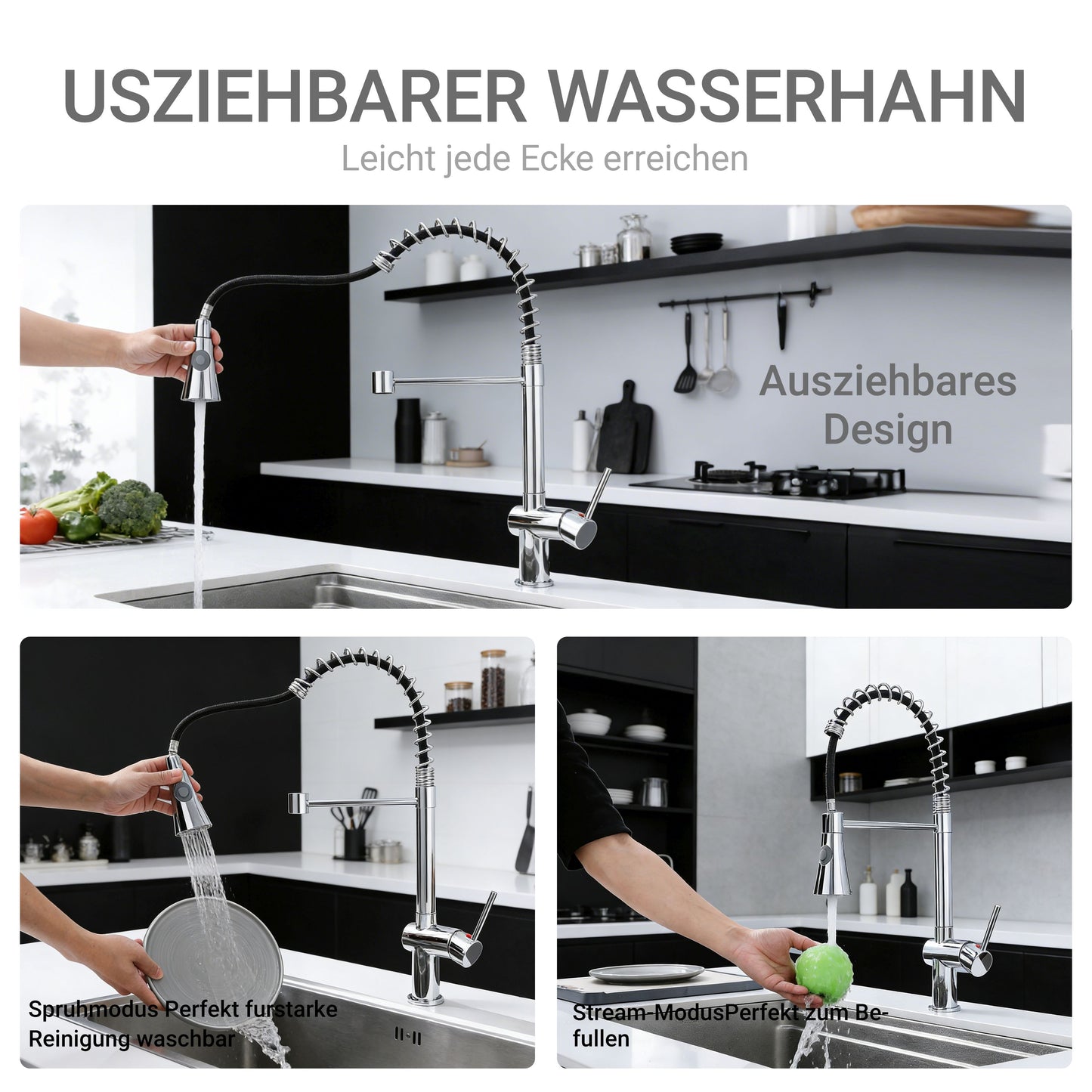 AICA Küchenarmatur Federzug Ausziehbarer Sprayer Messingkern Mischbatterie Wasserhahn Küche in Chrom & Schwarz Matt