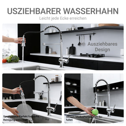AICA Küchenarmatur Federzug Ausziehbarer Sprayer Messingkern Mischbatterie Wasserhahn Küche in Chrom & Schwarz Matt