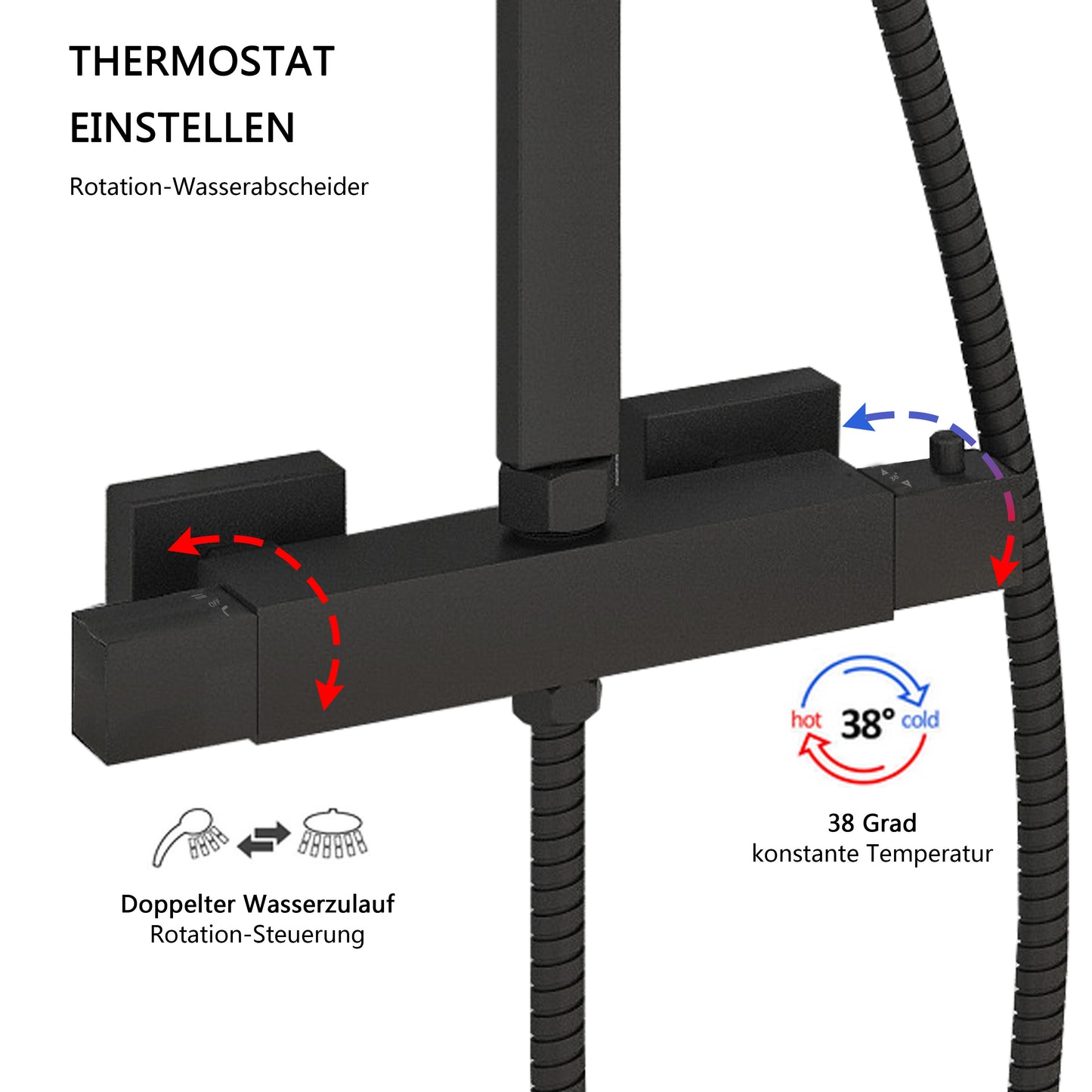 Duschsystem mit Thermostat Duscharmatur Regendusche Dusche Duschsäule Duschset Schwarz-Set