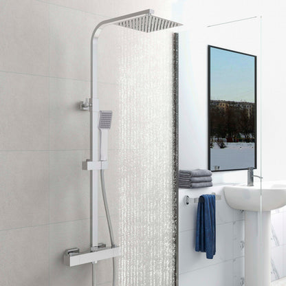 Thermostat Duschsystem für Badezimmer mit 20cm quadratischer Edelstahl Kopfbrause und Einzelfunktion Handbrause, Eckig Thermostat Messing Duscharmatur Duschset