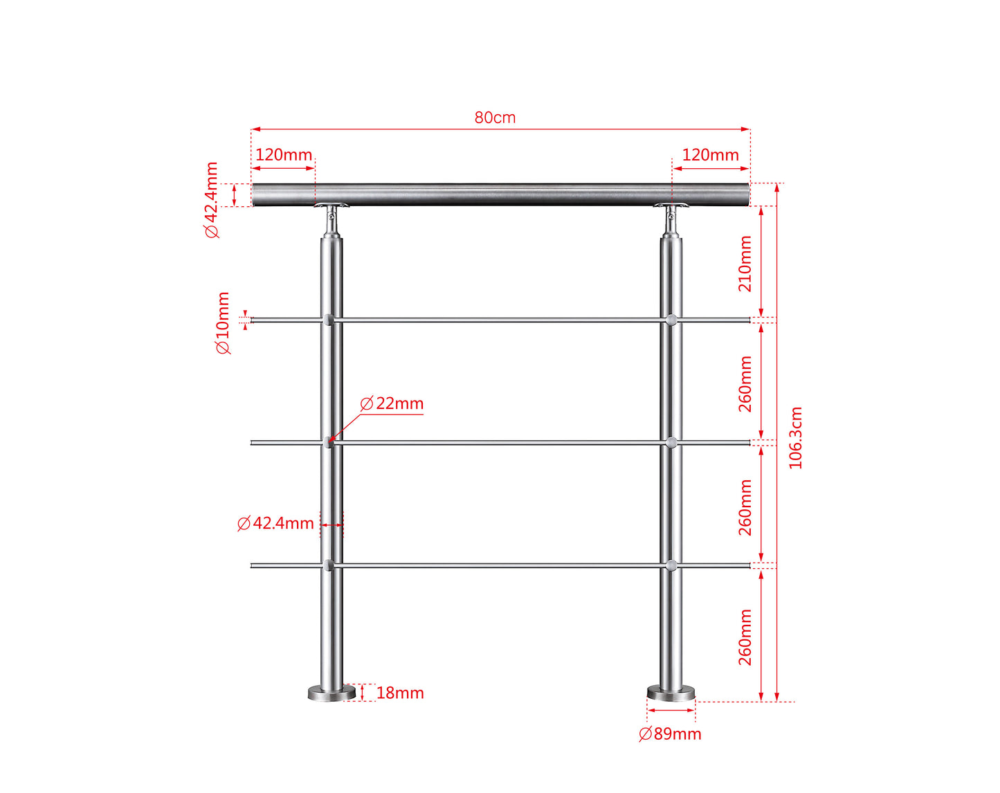 Edelstahl Geländer V2A mit Handlauf (80-200 cm) | 3 oder 5 Querstreben | Bodenmontage & Winkelverstellbar (0°-40°) | Für Balkon, Terrasse & Treppe