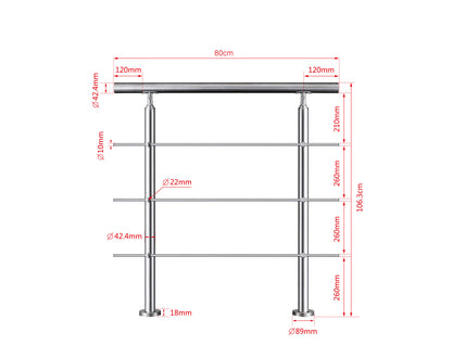Edelstahl Geländer V2A mit Handlauf (80-200 cm) | 3 oder 5 Querstreben | Bodenmontage & Winkelverstellbar (0°-40°) | Für Balkon, Terrasse & Treppe