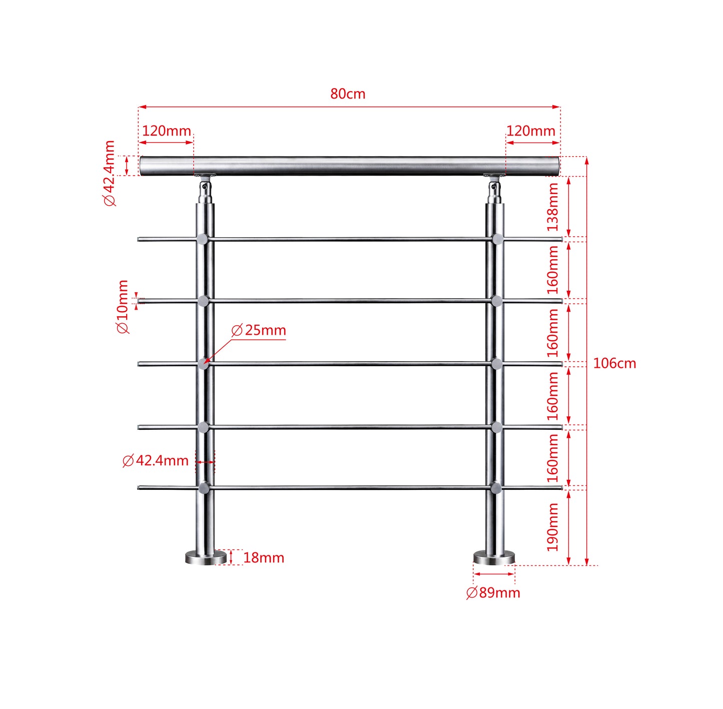 Edelstahl Geländer 3/5 Querstäbe Treppengeländer 80-240cm Handlauf | Balustradensystem für Balkon & Terrasse
