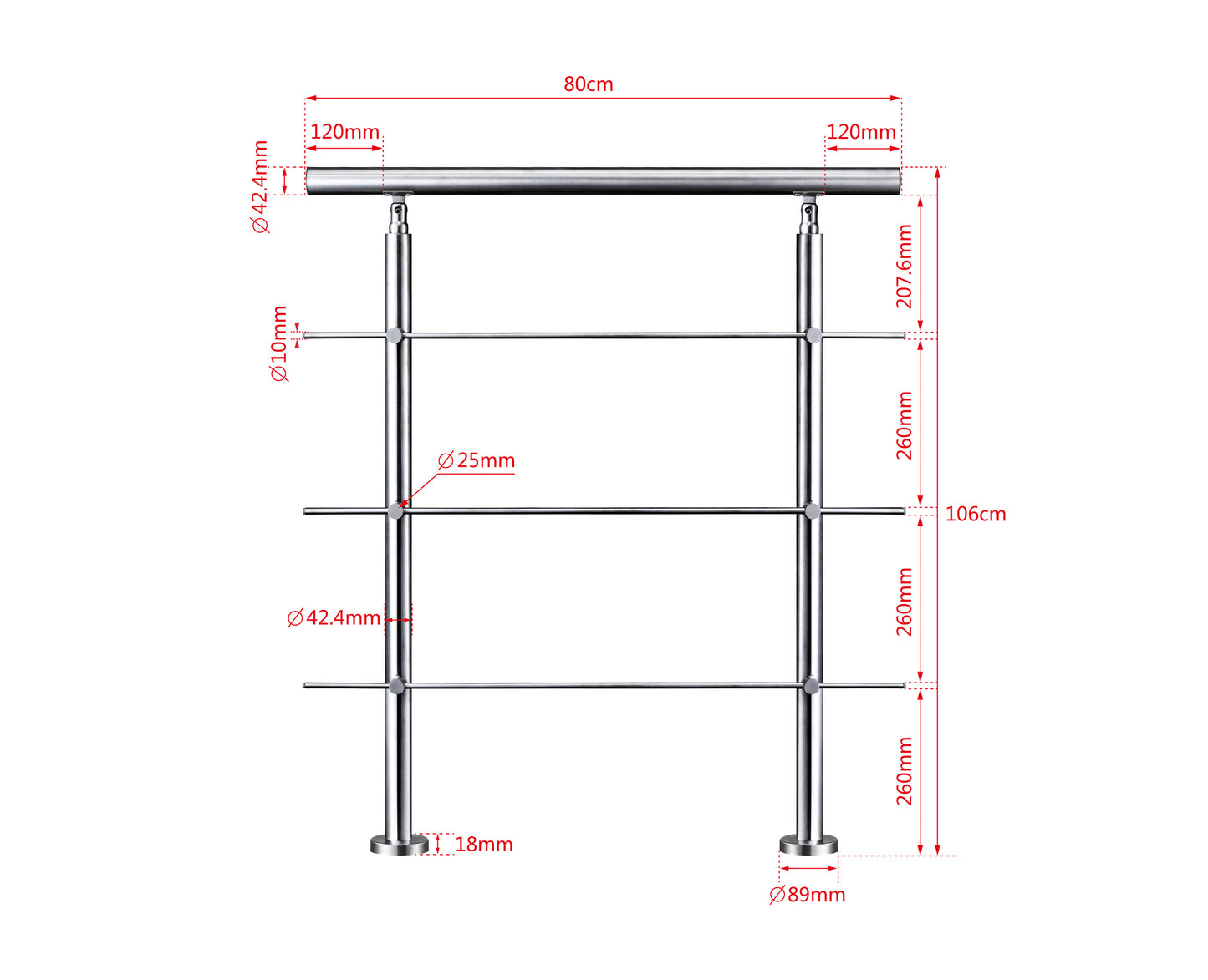 Edelstahl Geländer 3/5 Querstäbe Treppengeländer 80-240cm Handlauf | Balustradensystem für Balkon & Terrasse