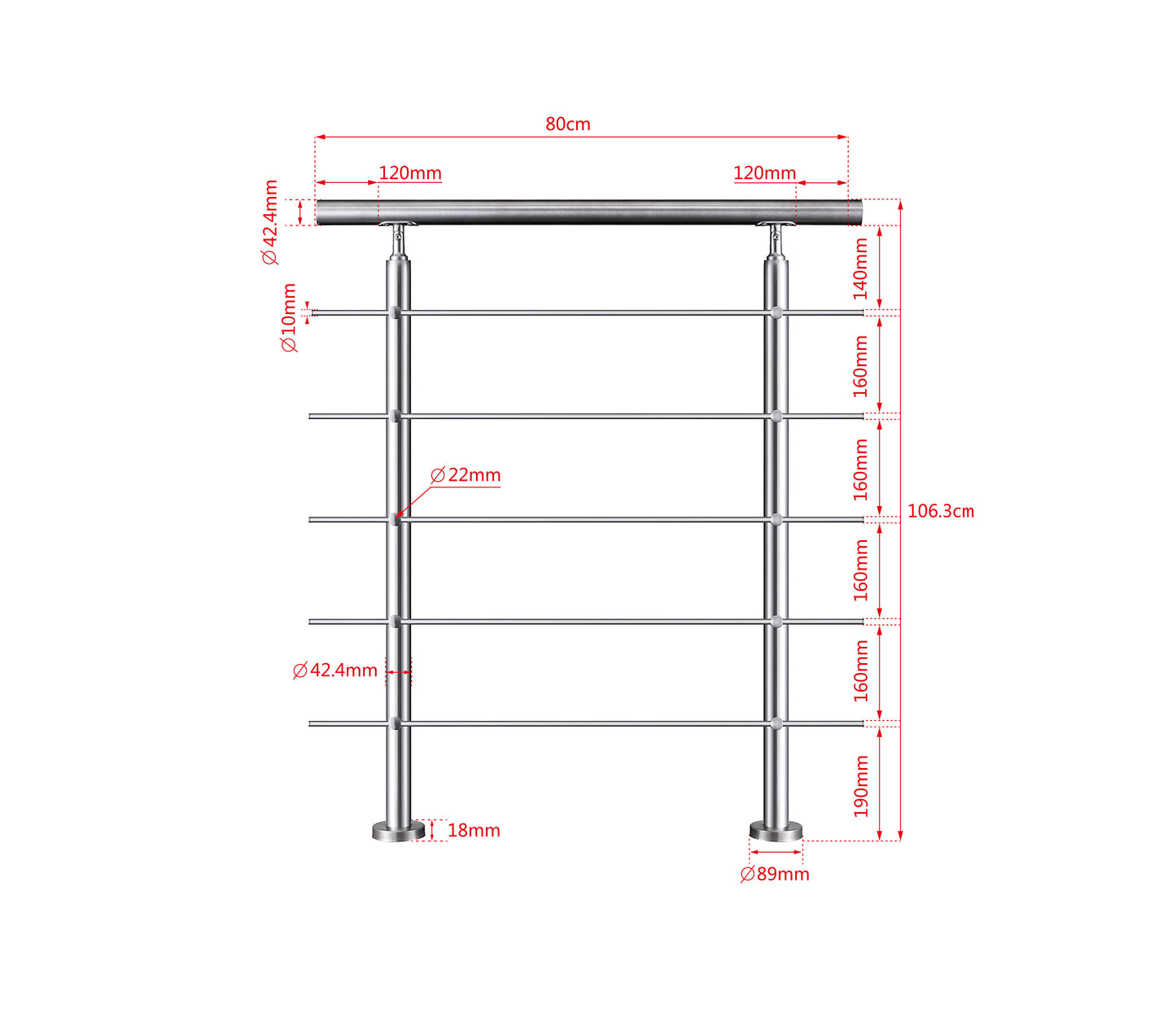 Edelstahl Geländer V2A mit Handlauf (80-200 cm) | 3 oder 5 Querstreben | Bodenmontage & Winkelverstellbar (0°-40°) | Für Balkon, Terrasse & Treppe