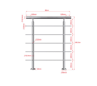 Edelstahl Geländer V2A mit Handlauf (80-200 cm) | 3 oder 5 Querstreben | Bodenmontage & Winkelverstellbar (0°-40°) | Für Balkon, Terrasse & Treppe