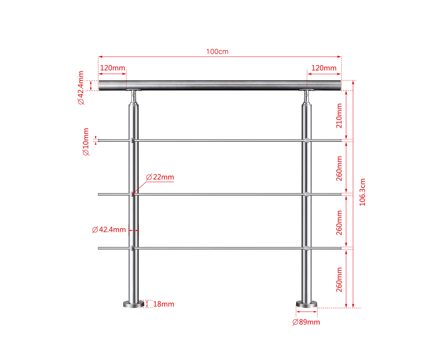 Edelstahl Geländer V2A mit Handlauf (80-200 cm) | 3 oder 5 Querstreben | Bodenmontage & Winkelverstellbar (0°-40°) | Für Balkon, Terrasse & Treppe
