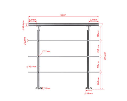 Edelstahl Geländer V2A mit Handlauf (80-200 cm) | 3 oder 5 Querstreben | Bodenmontage & Winkelverstellbar (0°-40°) | Für Balkon, Terrasse & Treppe