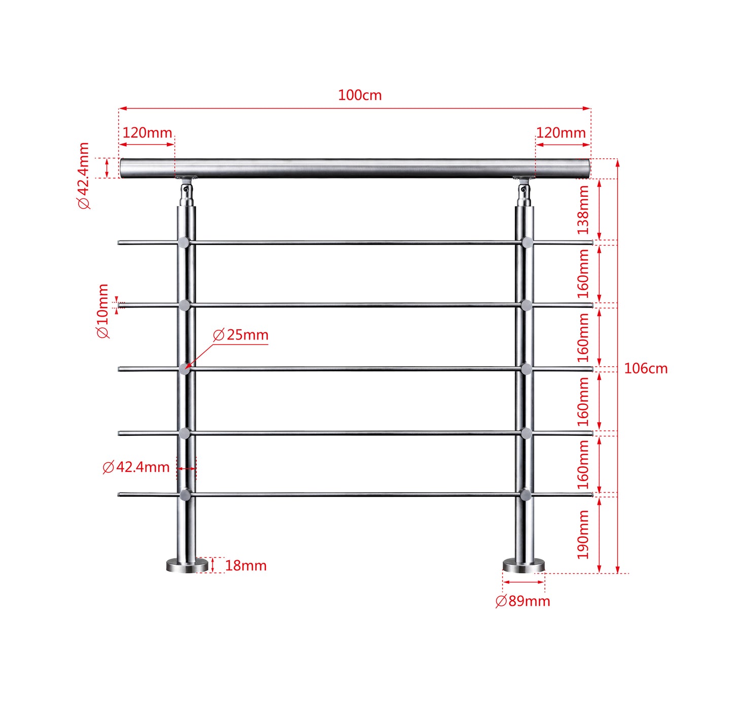 Edelstahl Geländer 3/5 Querstäbe Treppengeländer 80-240cm Handlauf | Balustradensystem für Balkon & Terrasse