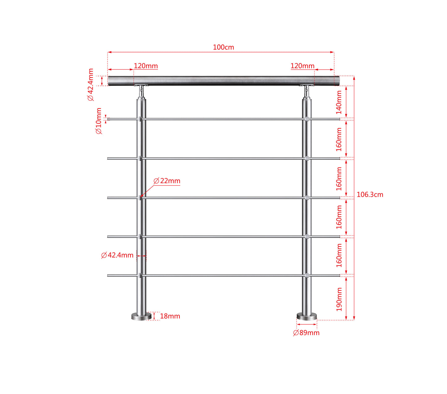 Edelstahl Geländer V2A mit Handlauf (80-200 cm) | 3 oder 5 Querstreben | Bodenmontage & Winkelverstellbar (0°-40°) | Für Balkon, Terrasse & Treppe