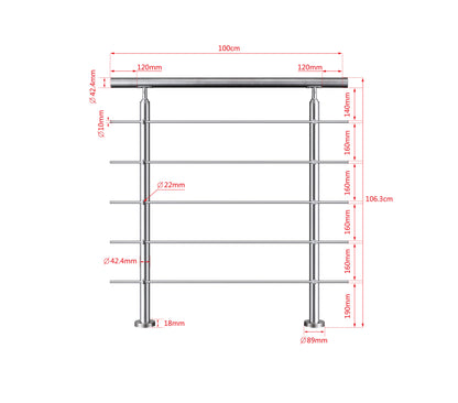 Edelstahl Geländer V2A mit Handlauf (80-200 cm) | 3 oder 5 Querstreben | Bodenmontage & Winkelverstellbar (0°-40°) | Für Balkon, Terrasse & Treppe