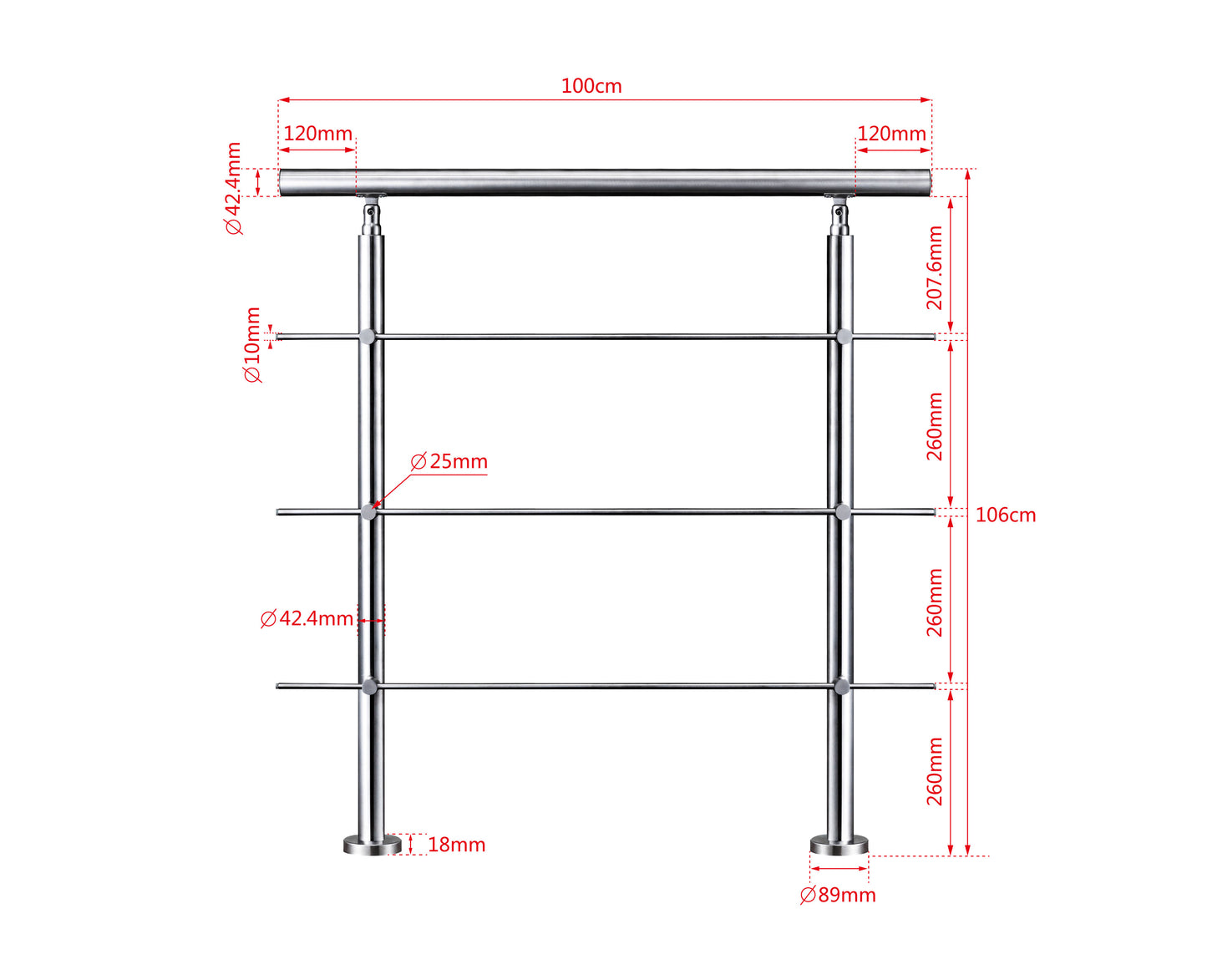 Edelstahl Geländer 3/5 Querstäbe Treppengeländer 80-240cm Handlauf | Balustradensystem für Balkon & Terrasse