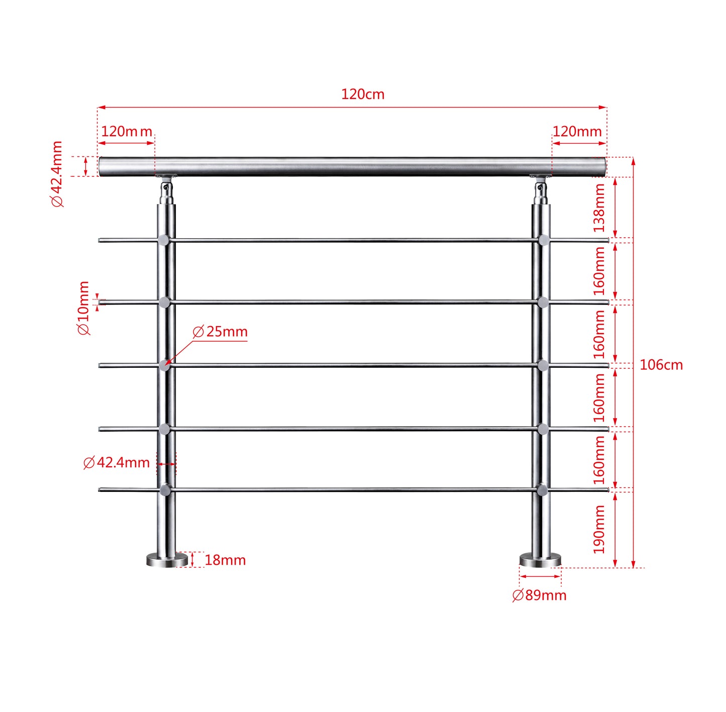 Edelstahl Geländer 3/5 Querstäbe Treppengeländer 80-240cm Handlauf | Balustradensystem für Balkon & Terrasse