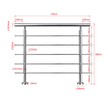 Edelstahl Geländer 3/5 Querstäbe Treppengeländer 80-240cm Handlauf | Balustradensystem für Balkon & Terrasse