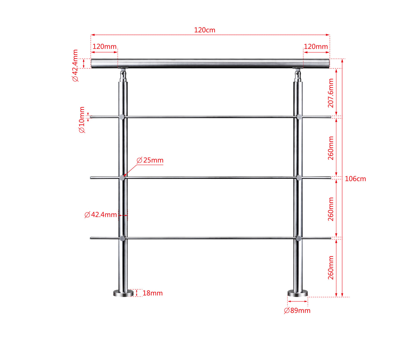 Edelstahl Geländer 3/5 Querstäbe Treppengeländer 80-240cm Handlauf | Balustradensystem für Balkon & Terrasse