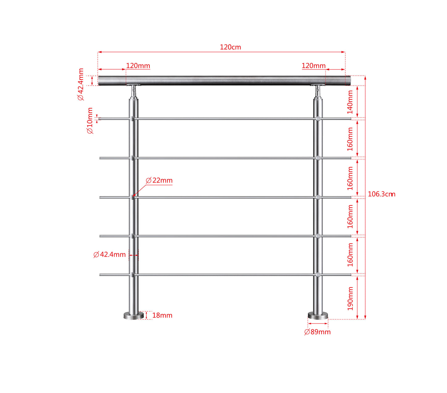 Edelstahl Geländer V2A mit Handlauf (80-200 cm) | 3 oder 5 Querstreben | Bodenmontage & Winkelverstellbar (0°-40°) | Für Balkon, Terrasse & Treppe