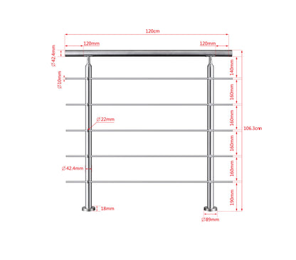 Edelstahl Geländer V2A mit Handlauf (80-200 cm) | 3 oder 5 Querstreben | Bodenmontage & Winkelverstellbar (0°-40°) | Für Balkon, Terrasse & Treppe