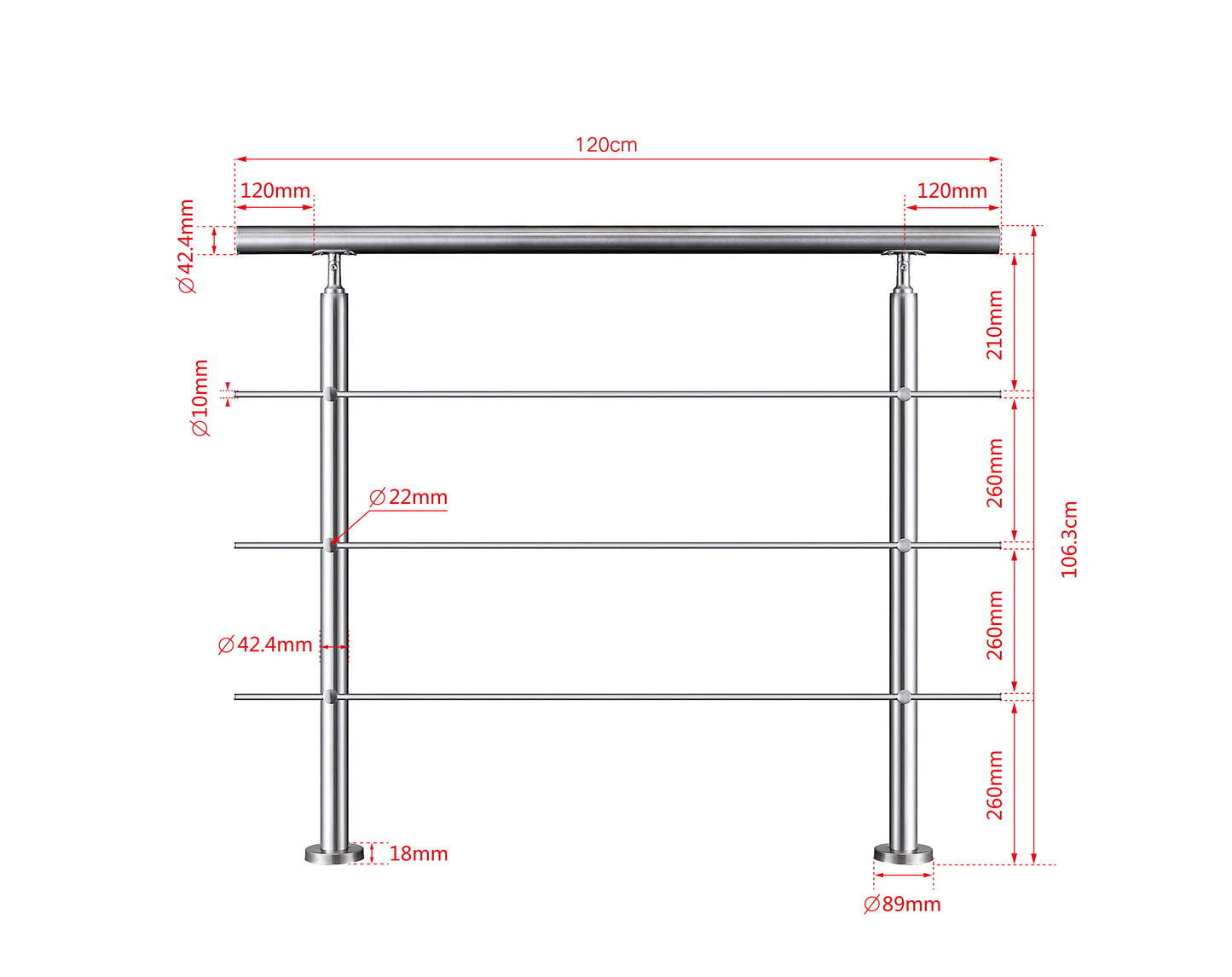 Edelstahl Geländer V2A mit Handlauf (80-200 cm) | 3 oder 5 Querstreben | Bodenmontage & Winkelverstellbar (0°-40°) | Für Balkon, Terrasse & Treppe