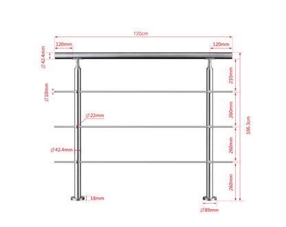 Edelstahl Geländer V2A mit Handlauf (80-200 cm) | 3 oder 5 Querstreben | Bodenmontage & Winkelverstellbar (0°-40°) | Für Balkon, Terrasse & Treppe