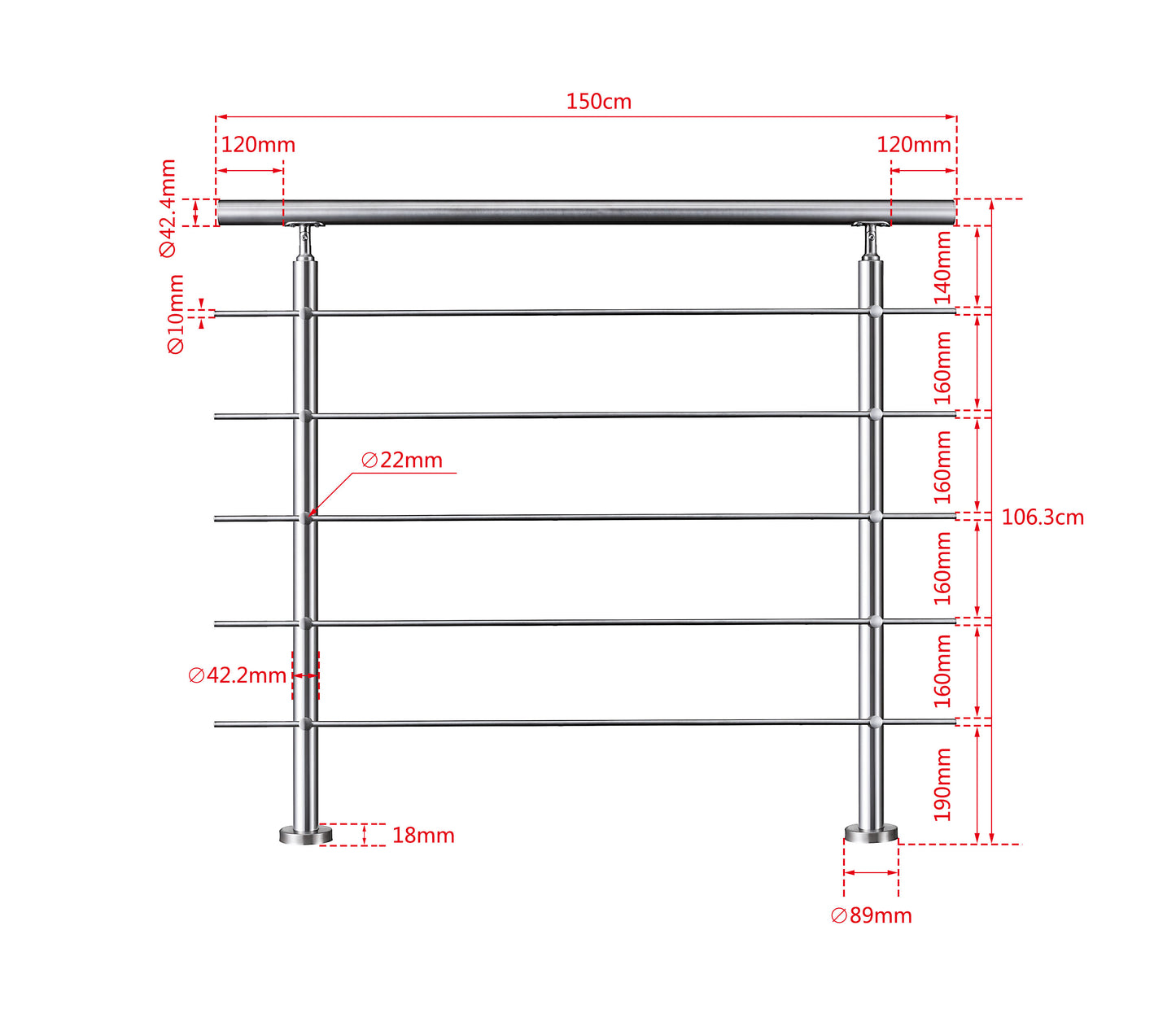 Edelstahl Geländer V2A mit Handlauf (80-200 cm) | 3 oder 5 Querstreben | Bodenmontage & Winkelverstellbar (0°-40°) | Für Balkon, Terrasse & Treppe