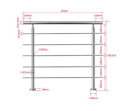 Edelstahl Geländer V2A mit Handlauf (80-200 cm) | 3 oder 5 Querstreben | Bodenmontage & Winkelverstellbar (0°-40°) | Für Balkon, Terrasse & Treppe