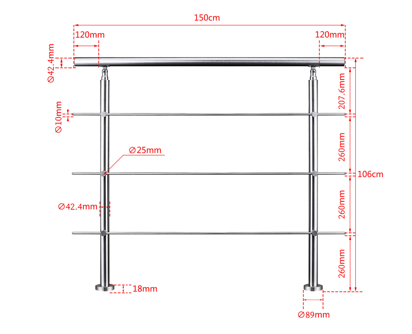Edelstahl Geländer 3/5 Querstäbe Treppengeländer 80-240cm Handlauf | Balustradensystem für Balkon & Terrasse