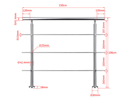 Edelstahl Geländer 3/5 Querstäbe Treppengeländer 80-240cm Handlauf | Balustradensystem für Balkon & Terrasse