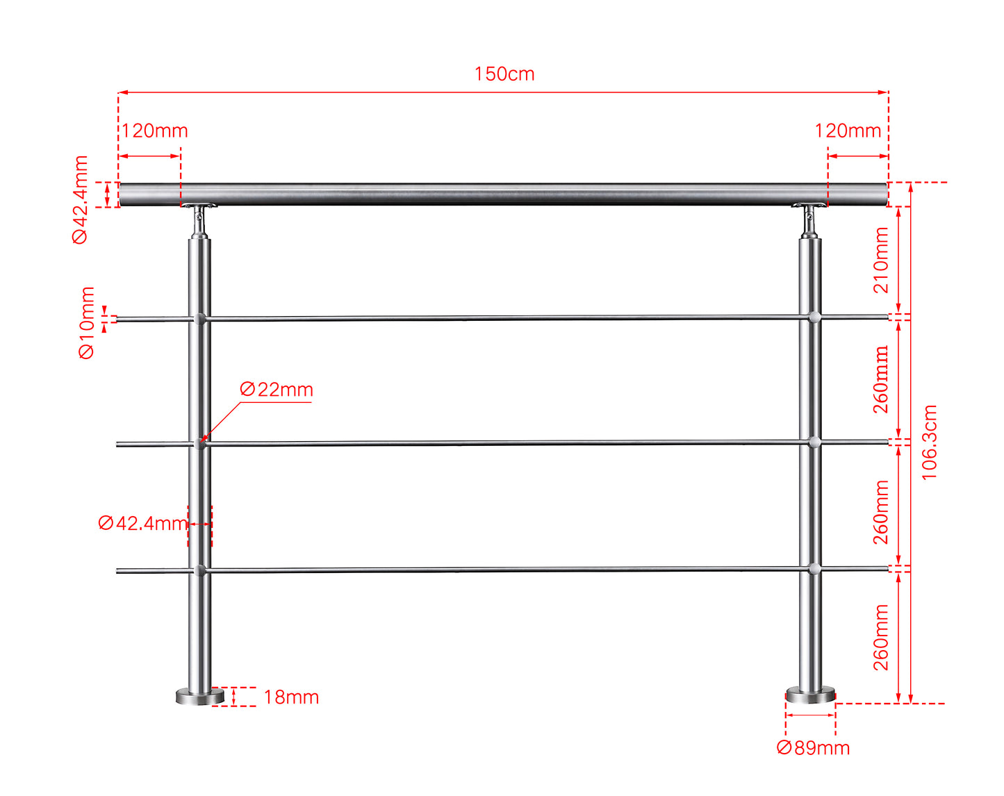Edelstahl Geländer V2A mit Handlauf (80-200 cm) | 3 oder 5 Querstreben | Bodenmontage & Winkelverstellbar (0°-40°) | Für Balkon, Terrasse & Treppe