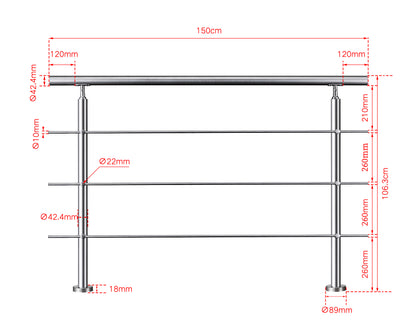 Edelstahl Geländer V2A mit Handlauf (80-200 cm) | 3 oder 5 Querstreben | Bodenmontage & Winkelverstellbar (0°-40°) | Für Balkon, Terrasse & Treppe