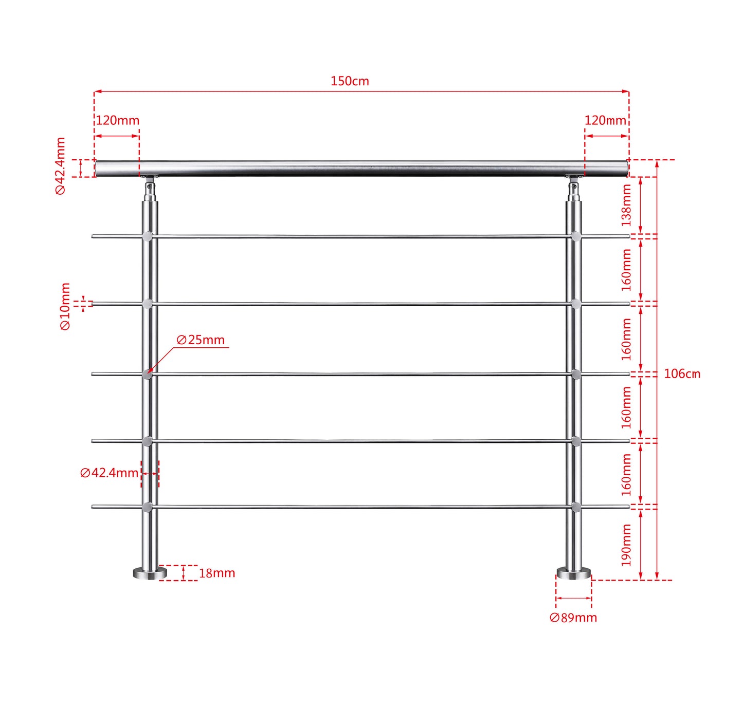 Edelstahl Geländer 3/5 Querstäbe Treppengeländer 80-240cm Handlauf | Balustradensystem für Balkon & Terrasse