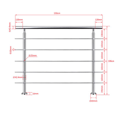 Edelstahl Geländer 3/5 Querstäbe Treppengeländer 80-240cm Handlauf | Balustradensystem für Balkon & Terrasse