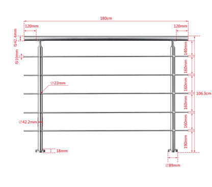 Edelstahl Geländer V2A mit Handlauf (80-200 cm) | 3 oder 5 Querstreben | Bodenmontage & Winkelverstellbar (0°-40°) | Für Balkon, Terrasse & Treppe