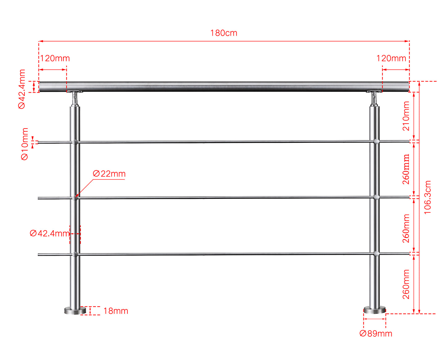 Edelstahl Geländer V2A mit Handlauf (80-200 cm) | 3 oder 5 Querstreben | Bodenmontage & Winkelverstellbar (0°-40°) | Für Balkon, Terrasse & Treppe