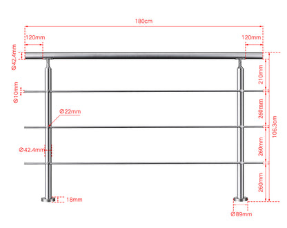 Edelstahl Geländer V2A mit Handlauf (80-200 cm) | 3 oder 5 Querstreben | Bodenmontage & Winkelverstellbar (0°-40°) | Für Balkon, Terrasse & Treppe