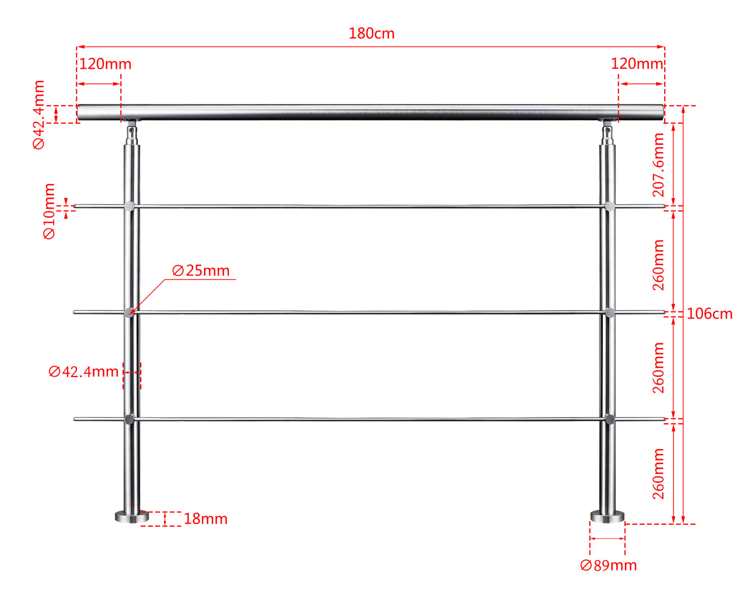 Edelstahl Geländer 3/5 Querstäbe Treppengeländer 80-240cm Handlauf | Balustradensystem für Balkon & Terrasse