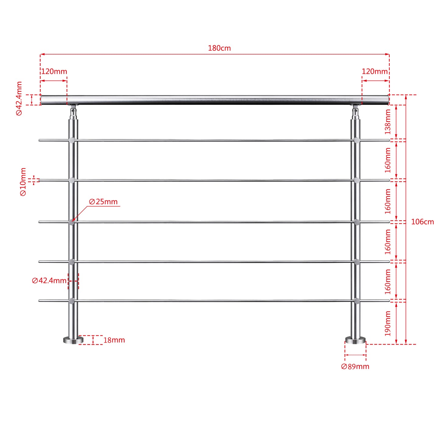 Edelstahl Geländer 3/5 Querstäbe Treppengeländer 80-240cm Handlauf | Balustradensystem für Balkon & Terrasse