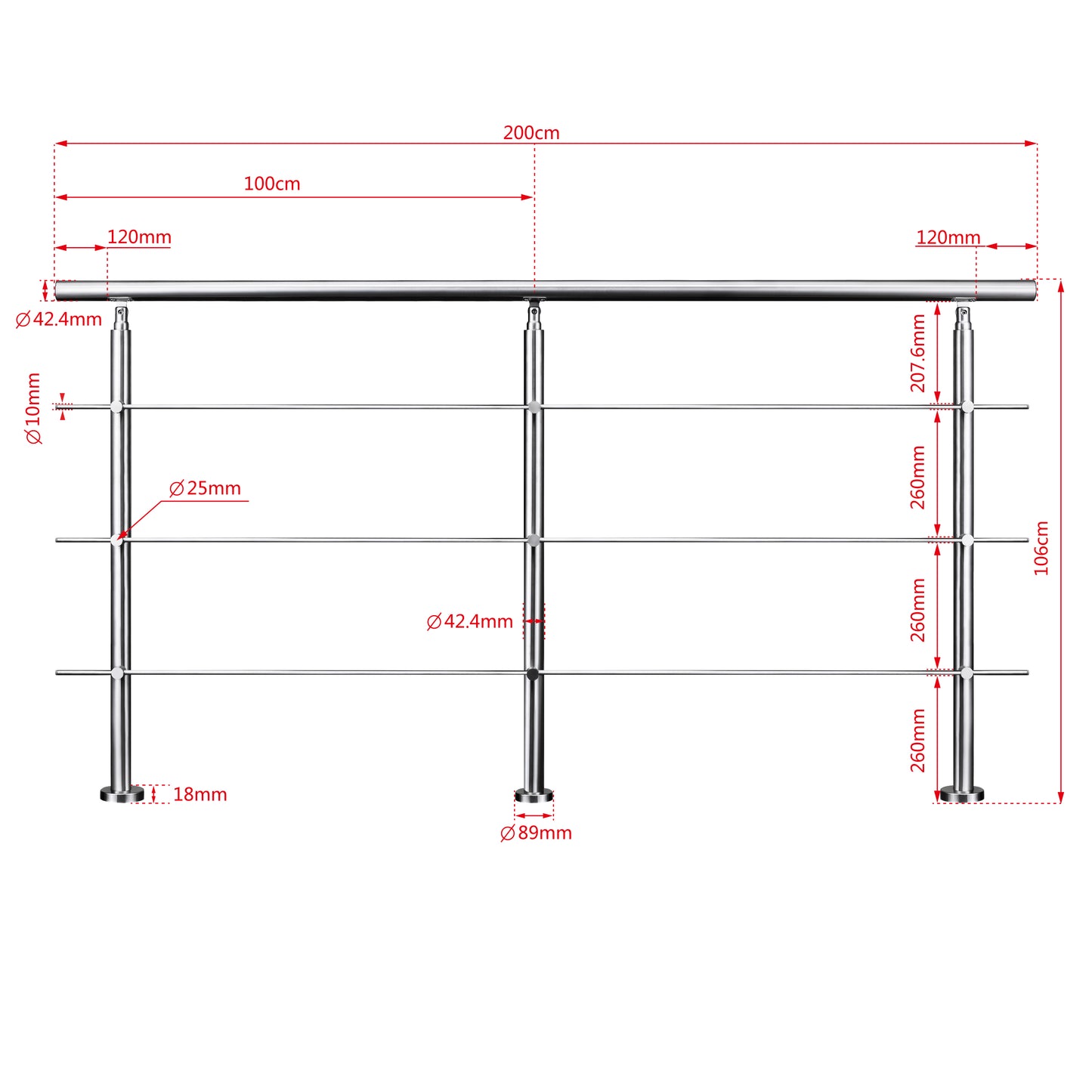 Edelstahl Geländer 3/5 Querstäbe Treppengeländer 80-240cm Handlauf | Balustradensystem für Balkon & Terrasse