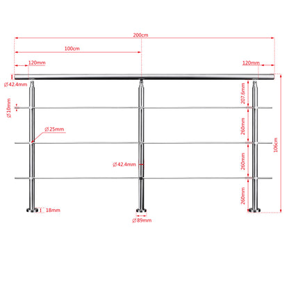Edelstahl Geländer 3/5 Querstäbe Treppengeländer 80-240cm Handlauf | Balustradensystem für Balkon & Terrasse