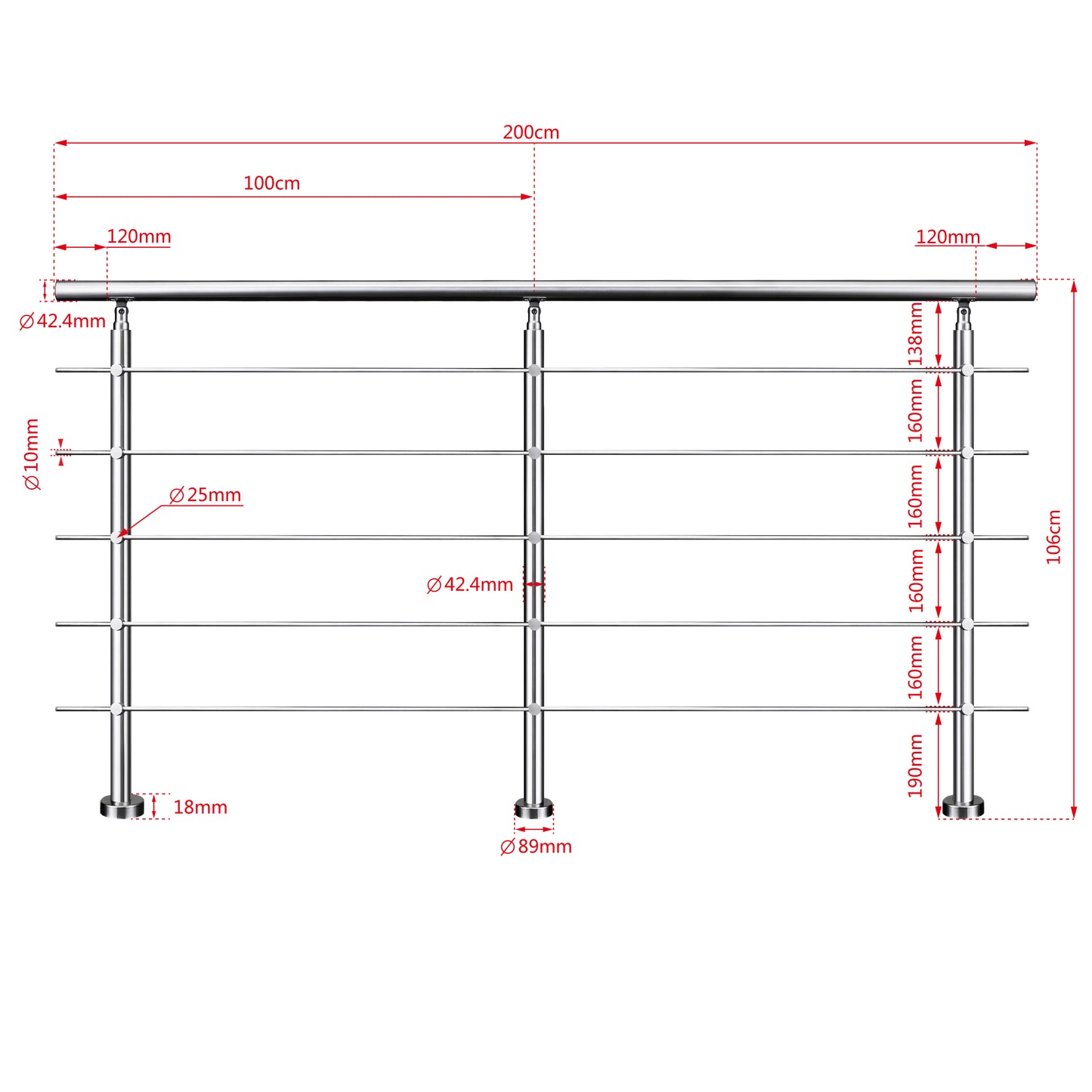 Edelstahl Geländer 3/5 Querstäbe Treppengeländer 80-240cm Handlauf | Balustradensystem für Balkon & Terrasse