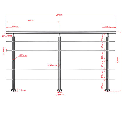 Edelstahl Geländer 3/5 Querstäbe Treppengeländer 80-240cm Handlauf | Balustradensystem für Balkon & Terrasse