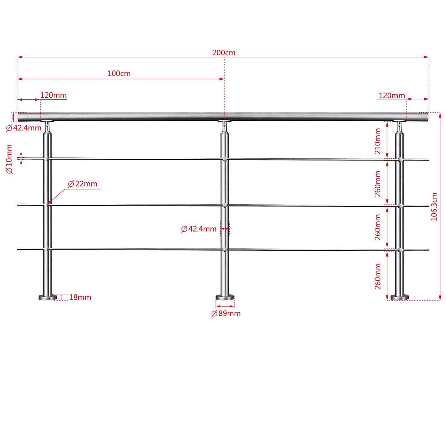Edelstahl Geländer V2A mit Handlauf (80-200 cm) | 3 oder 5 Querstreben | Bodenmontage & Winkelverstellbar (0°-40°) | Für Balkon, Terrasse & Treppe