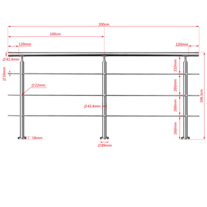 Edelstahl Geländer V2A mit Handlauf (80-200 cm) | 3 oder 5 Querstreben | Bodenmontage & Winkelverstellbar (0°-40°) | Für Balkon, Terrasse & Treppe