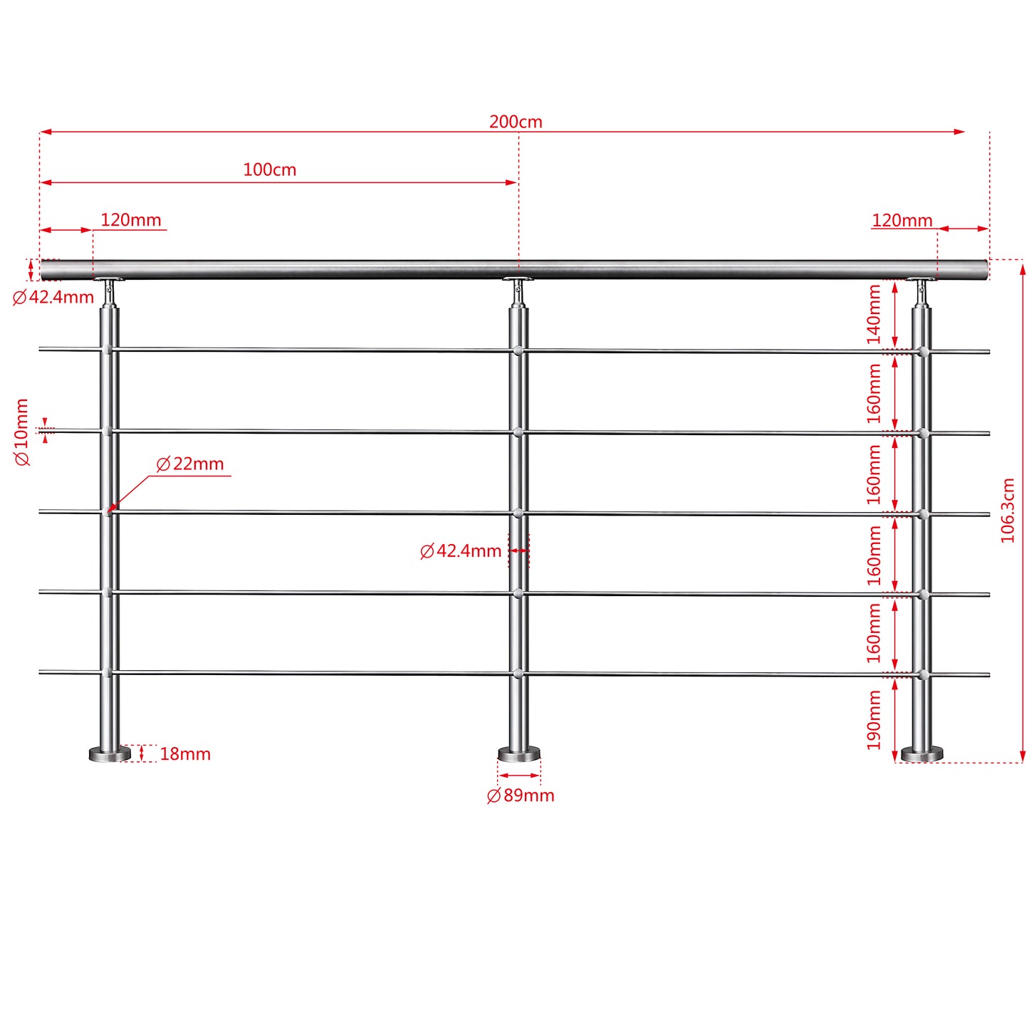 Edelstahl Geländer V2A mit Handlauf (80-200 cm) | 3 oder 5 Querstreben | Bodenmontage & Winkelverstellbar (0°-40°) | Für Balkon, Terrasse & Treppe