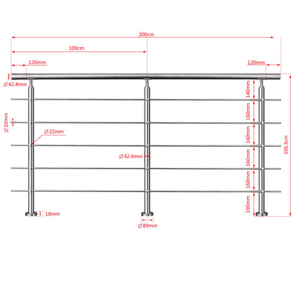 Edelstahl Geländer V2A mit Handlauf (80-200 cm) | 3 oder 5 Querstreben | Bodenmontage & Winkelverstellbar (0°-40°) | Für Balkon, Terrasse & Treppe