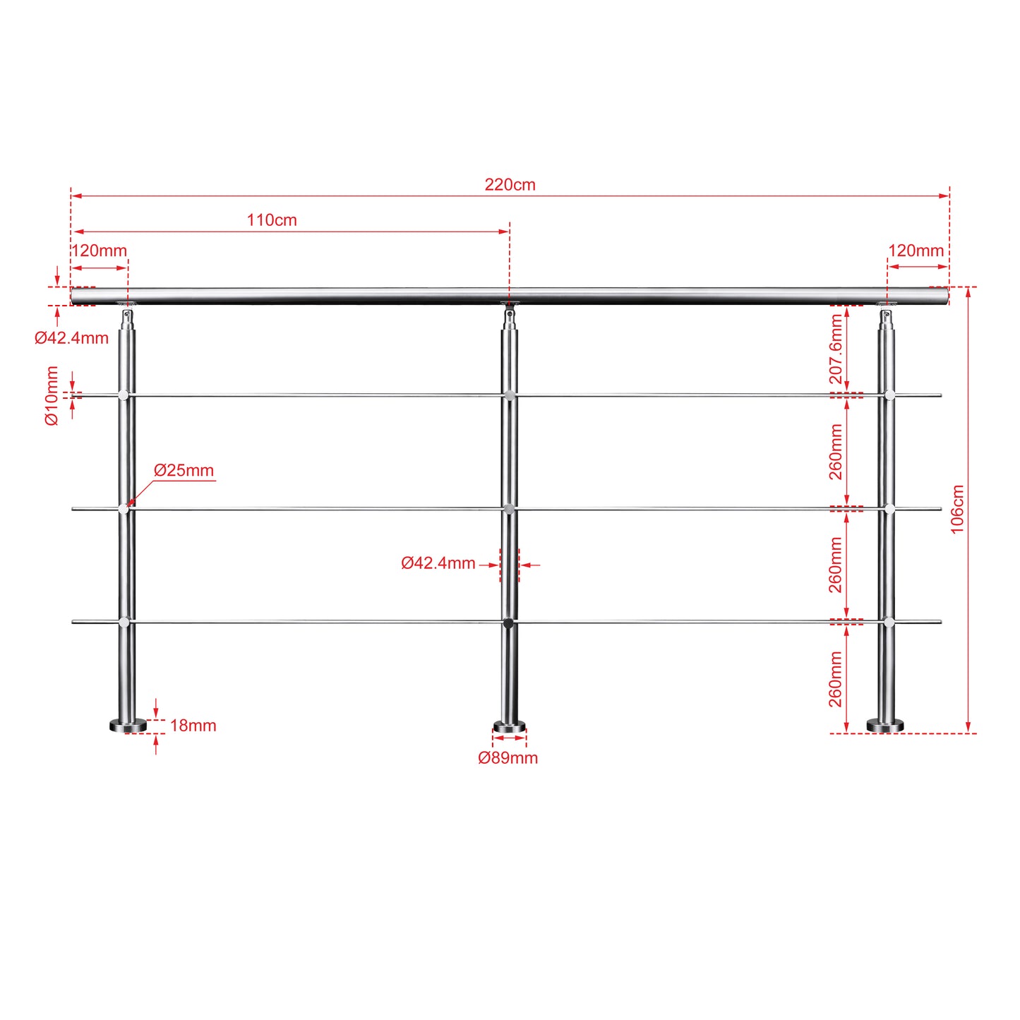 Edelstahl Geländer 3/5 Querstäbe Treppengeländer 80-240cm Handlauf | Balustradensystem für Balkon & Terrasse