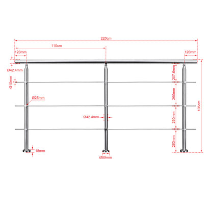 Edelstahl Geländer 3/5 Querstäbe Treppengeländer 80-240cm Handlauf | Balustradensystem für Balkon & Terrasse