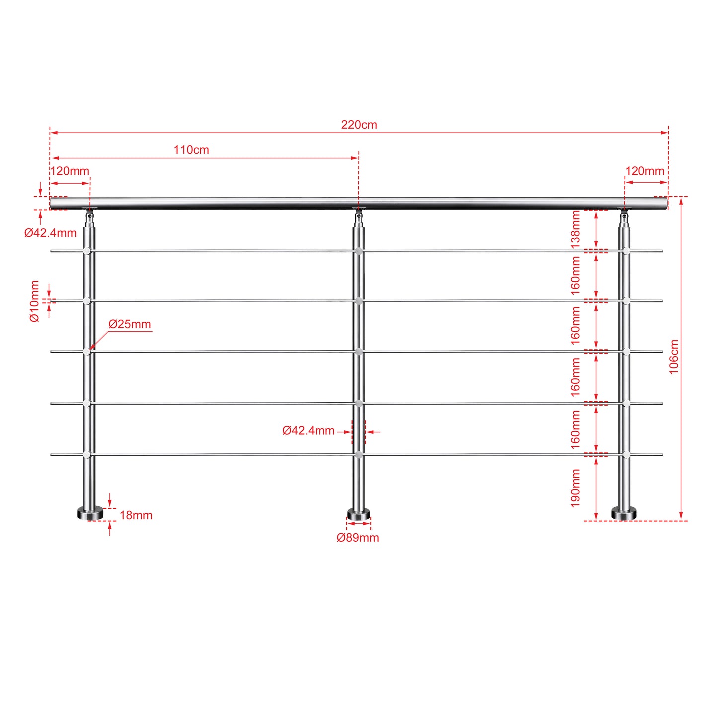 Edelstahl Geländer 3/5 Querstäbe Treppengeländer 80-240cm Handlauf | Balustradensystem für Balkon & Terrasse
