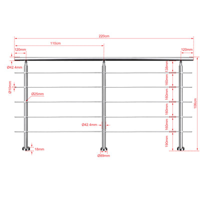 Edelstahl Geländer 3/5 Querstäbe Treppengeländer 80-240cm Handlauf | Balustradensystem für Balkon & Terrasse