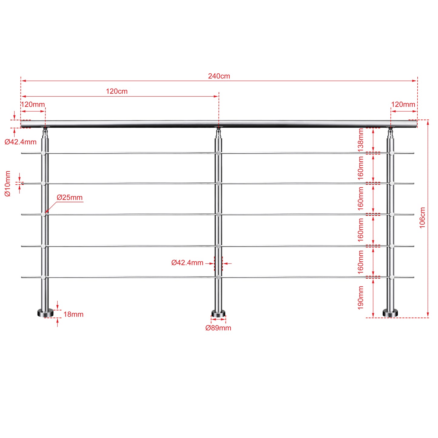 Edelstahl Geländer 3/5 Querstäbe Treppengeländer 80-240cm Handlauf | Balustradensystem für Balkon & Terrasse
