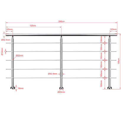 Edelstahl Geländer 3/5 Querstäbe Treppengeländer 80-240cm Handlauf | Balustradensystem für Balkon & Terrasse